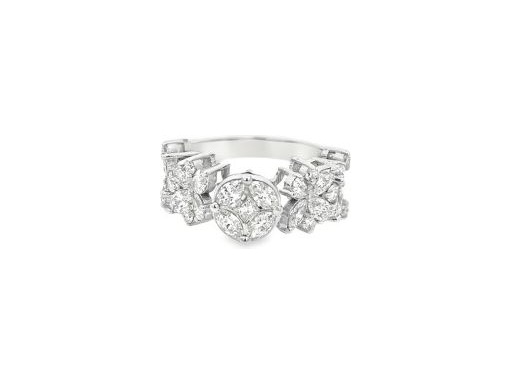 18K White Gold Ring with Natural Marquise, Pear, Round, and Princess-Cut Diamonds in Floral and Cluster Design